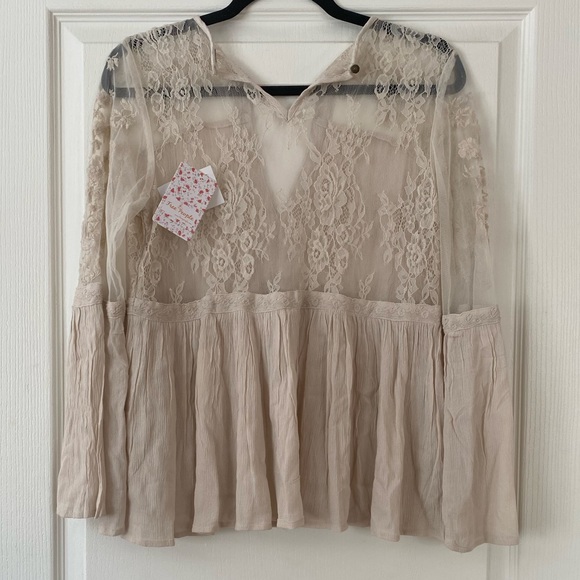Free People Lace Peasant blouse long sleeves beige Size M New with tag - Picture 6 of 13